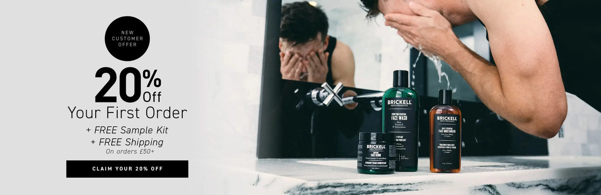 New Customer Offer: 20% off your first order + FREE Sample Kit + FREE Shipping on orders £50+. Button: Claim your 20% off.