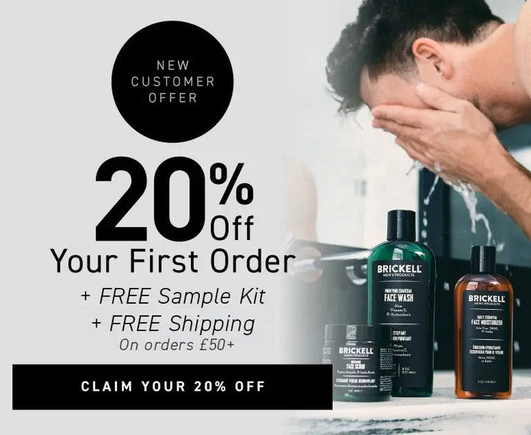 New Customer Offer: 20% off your first order + FREE Sample Kit + FREE Shipping on orders £50+. Button: Claim your 20% off.